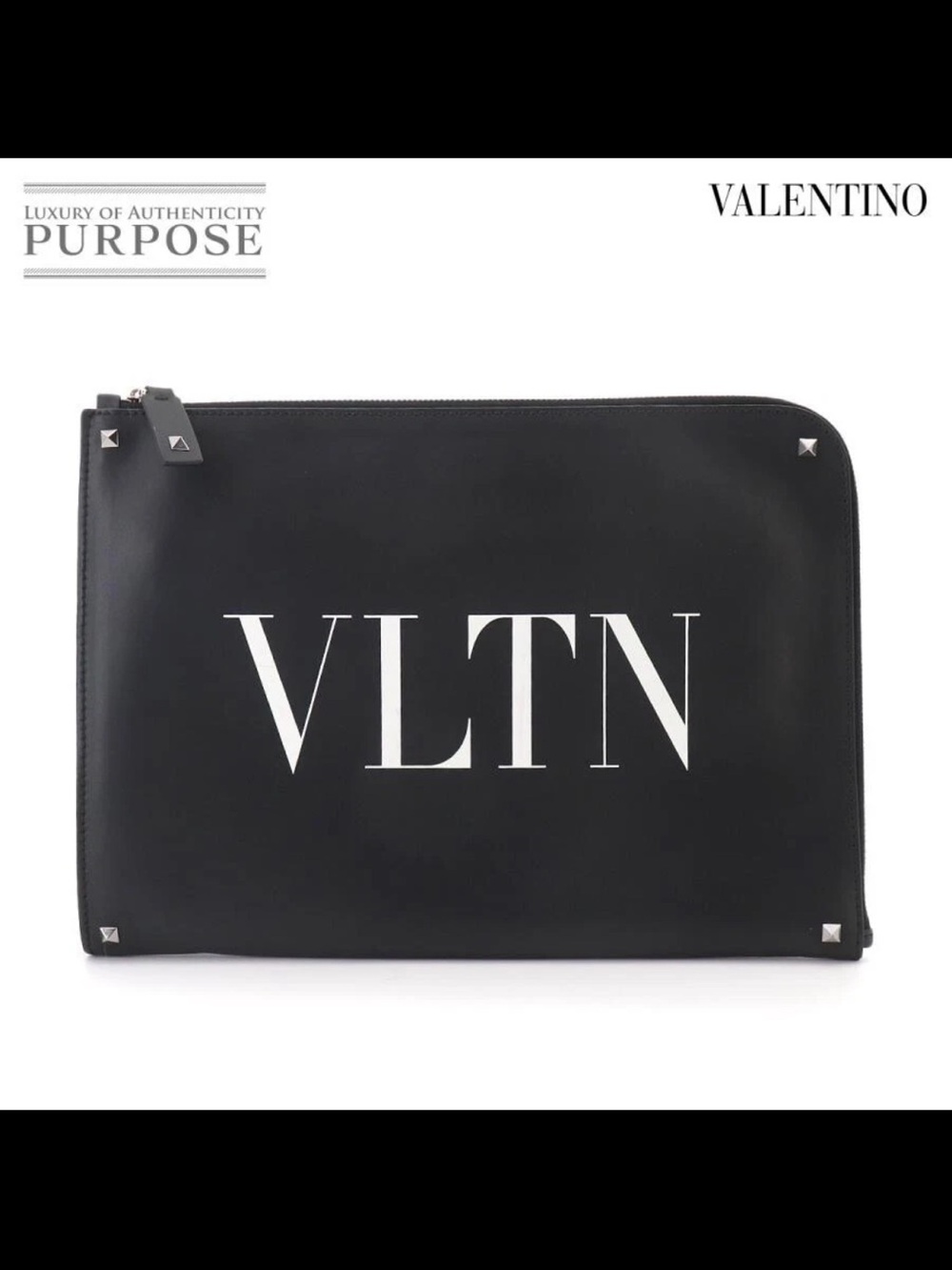 Valentino Garavani Black Leather VLTN Zip Pouch with Silver Studs